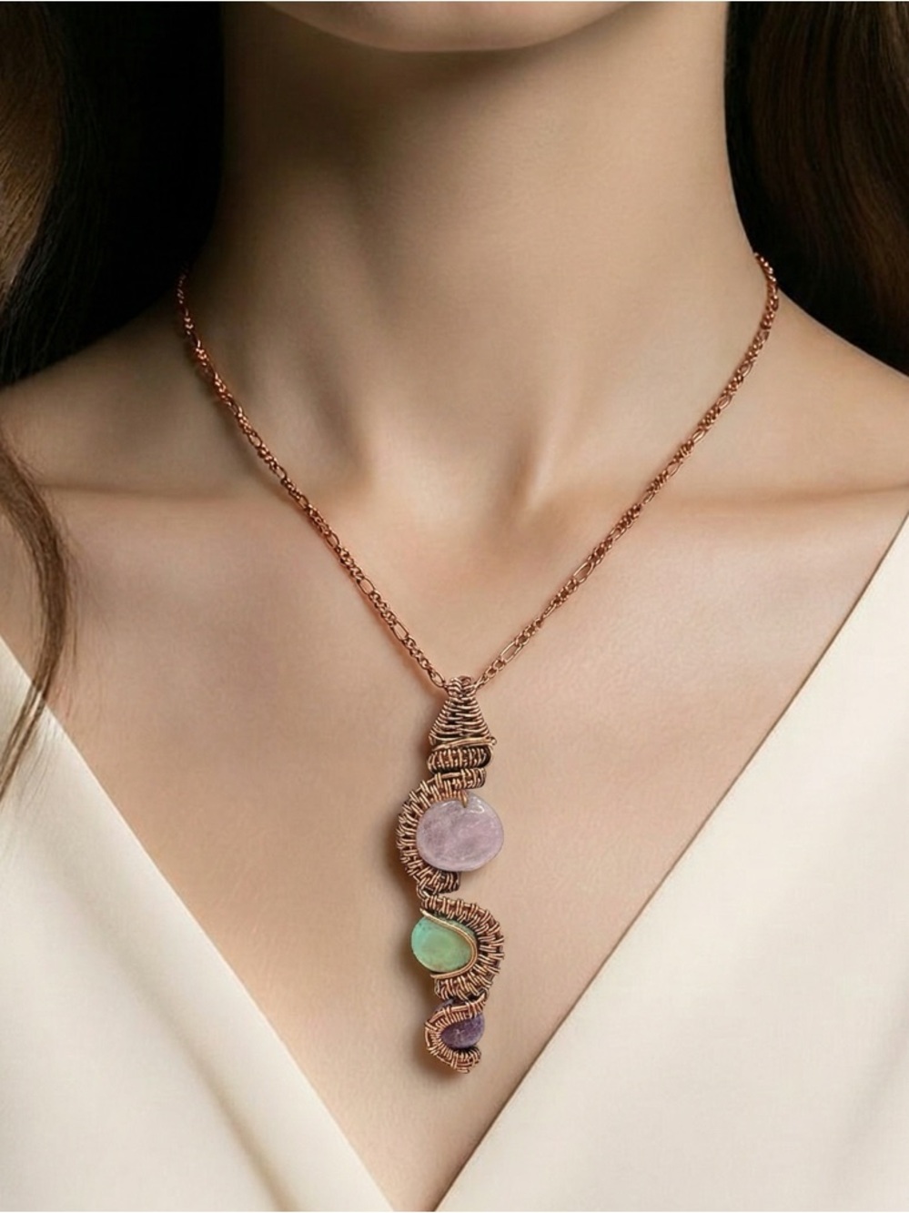 Hand Wrapped Amethyst & Lepidolite Artisan Copper Wire Wrapped Necklace ✨